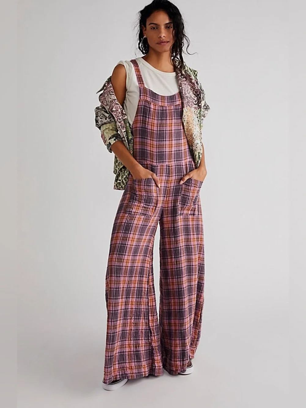 Free People x CP Shades Cyprus Plaid Overalls Size M Pink Valentine 100%cotton